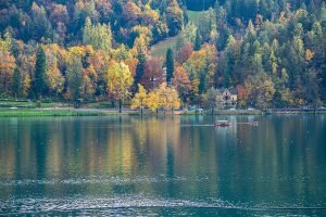 View across Lake Bled in autumn, Slovenia.