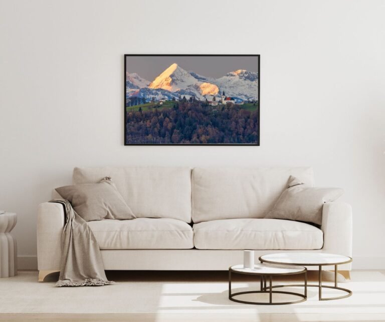 Beige and Brown Minimalist Wall Art Mockup of Saint Nicholas Church in Jance and the Mt. Grintovec in the Kamnik Alps.
